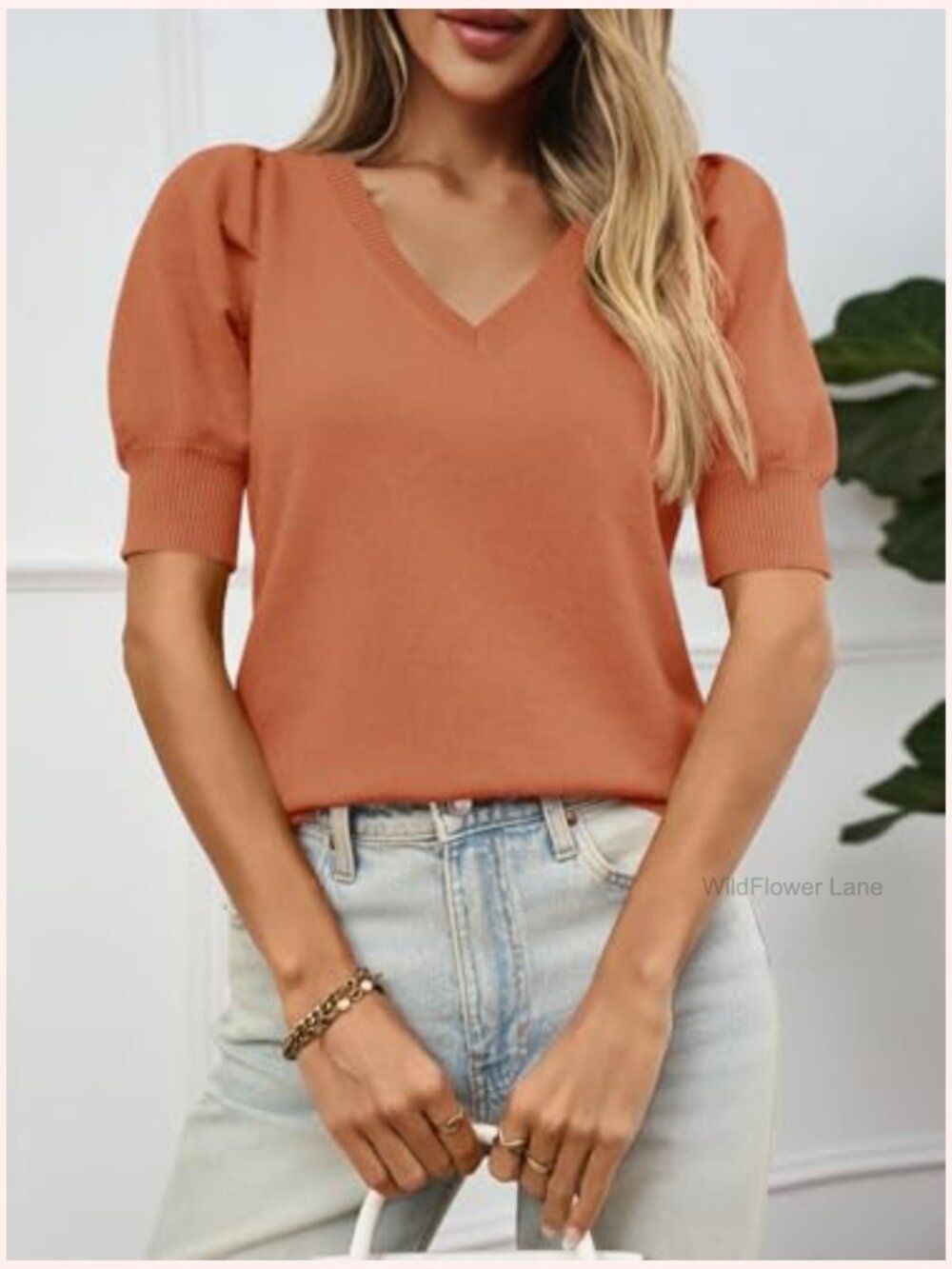 Short Sleeve Puff Sweater Top V-Neck Knit Pullover Blouse - Picture 3 of 7